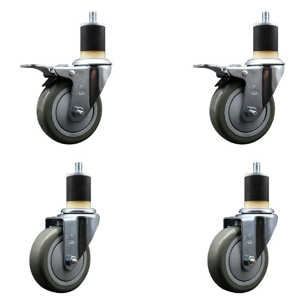 Polyurethane Swivel Expanding Stem Caster Set of 4 with 4 Inch Gray Wheels and 1-7/8" Stems - Includes 2 with Total Locking Brakes - 1400 lbs Total Capacity - Service Caster Brand — photo 1