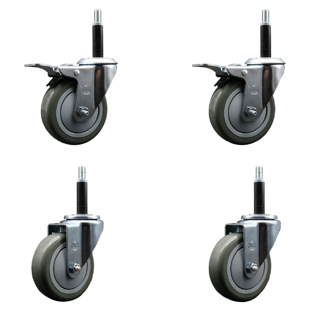 Polyurethane Swivel Expanding Stem Caster Set of 4 with 4 Inch Gray Wheels and 3/4" Stems - Includes 2 with Total Locking Brakes - 1400 lbs Total Capacity - Service Caster Brand — photo 1