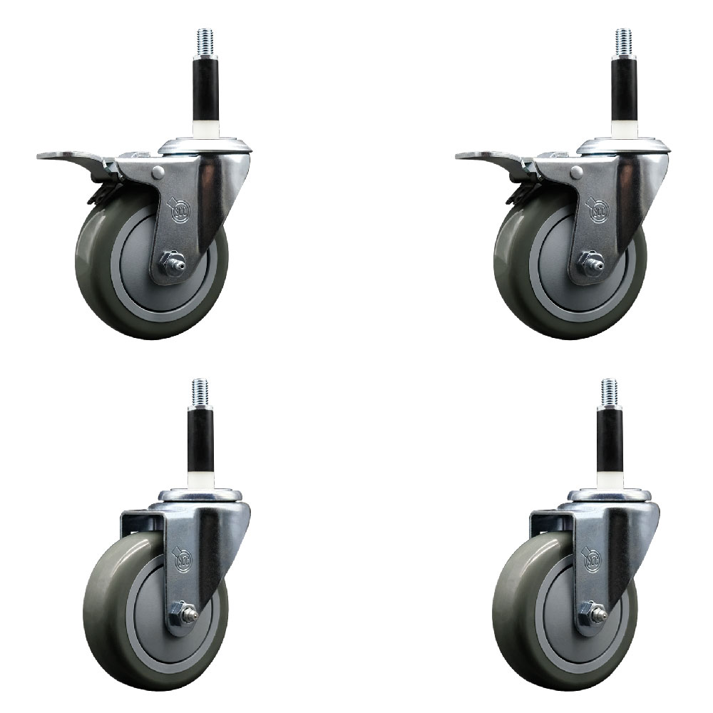 Stainless Steel Polyurethane Swivel Expanding Stem Caster Set of 4 with 4 Inch Gray Wheels and 7/8" Stems - Includes 2 with Total Locking Brakes - 1400 lbs Total Capacity - Service Caster Brand — photo 1
