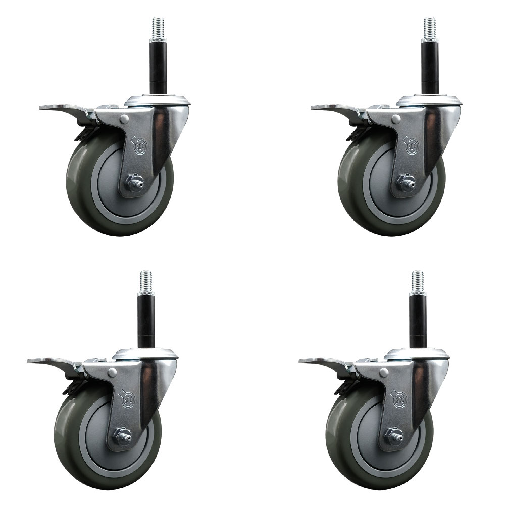 Stainless Steel Polyurethane Swivel Expanding Stem Caster Set of 4 with 4 Inch Gray Wheels and 3/4" Stems - 4 Swivel with Total Locking Brakes - 350 lbs. Capacity Per Caster - Service Caster Brand — photo 1