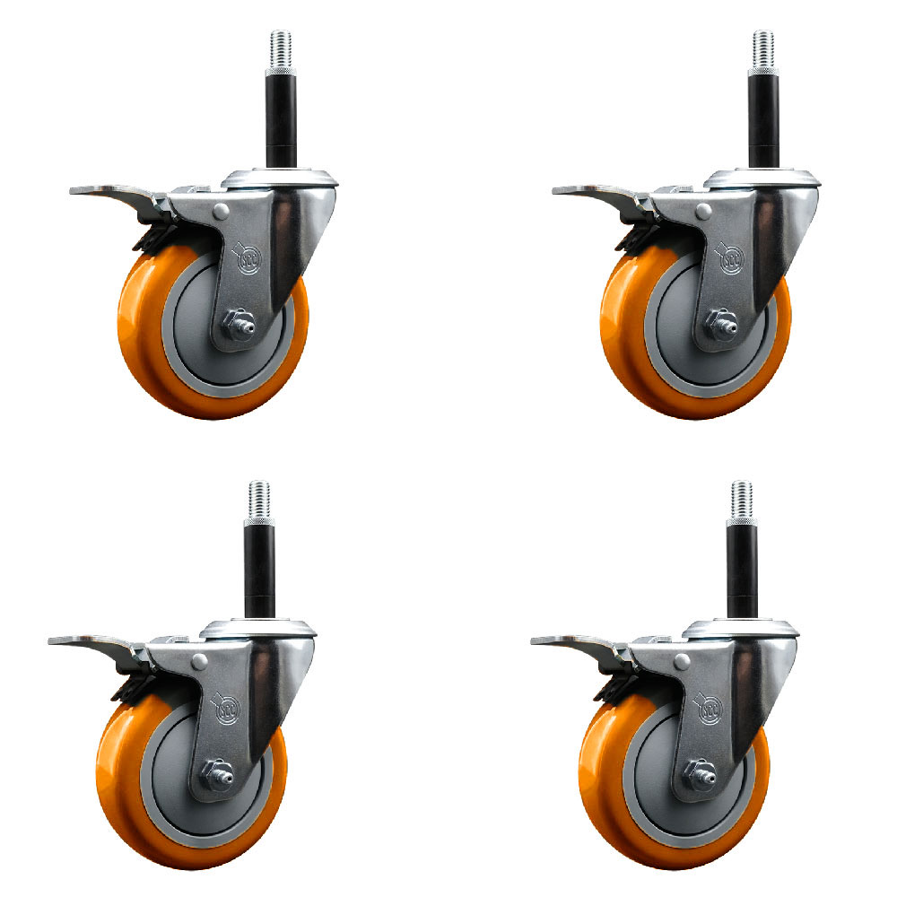 Polyurethane Swivel Stem Caster Set of 4 with 4 Inch Orange Caster Wheels - 3/4" Expanding Stems - 316 Stainless Steel Casters - Includes 4 Swivel Casters with Total Lock Brakes - Service Caster Brand — photo 1