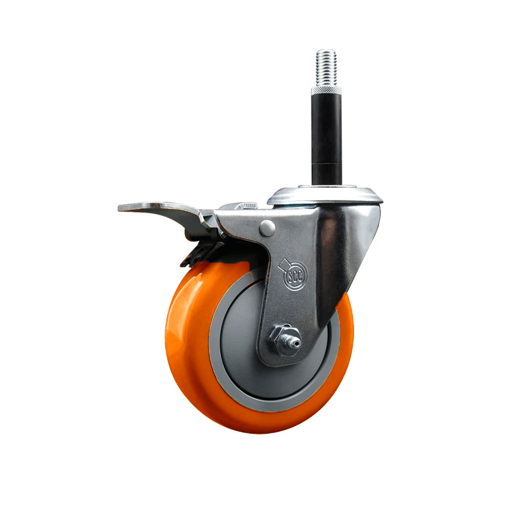 Stainless Steel Polyurethane Expanding Stem Swivel Caster with 4 Inch Orange Wheel and 3/4" Stem & Total Locking Brake - 350 lbs. Capacity Per Caster - Service Caster Brand — photo 1