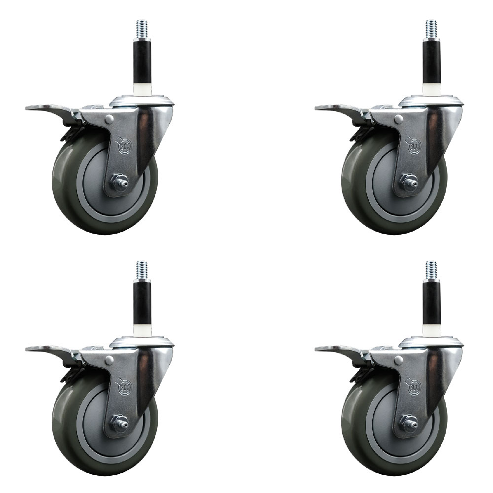 Polyurethane Swivel Expanding Stem Caster Set of 4 with 4 Inch Gray Wheels and 7/8" Stems - Includes 4 Swivel with Total Locking Brakes - 350 lbs. Capacity Per Caster - Service Caster Brand — photo 1