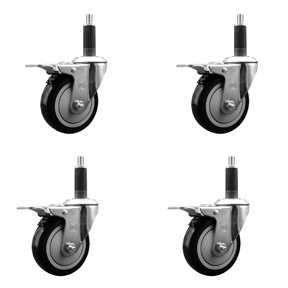 Stainless Steel Polyurethane Swivel Expanding Stem Caster Set of 4 with 4 Inch Black Wheels and 1" Stems - 4 Swivel with Total Locking Brakes - 350 lbs. Capacity Per Caster - Service Caster Brand — photo 1