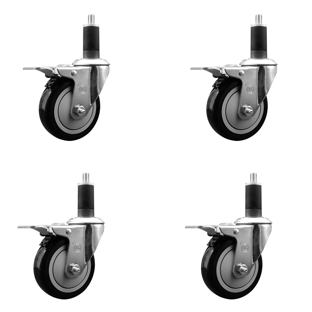 Stainless Steel Polyurethane Swivel Expanding Stem Caster Set of 4 with 4 Inch Black Wheels and 1-1/2" Stems - 4 Swivel with Total Locking Brakes - 350 lbs. Capacity Per Caster - Service Caster Brand — photo 1