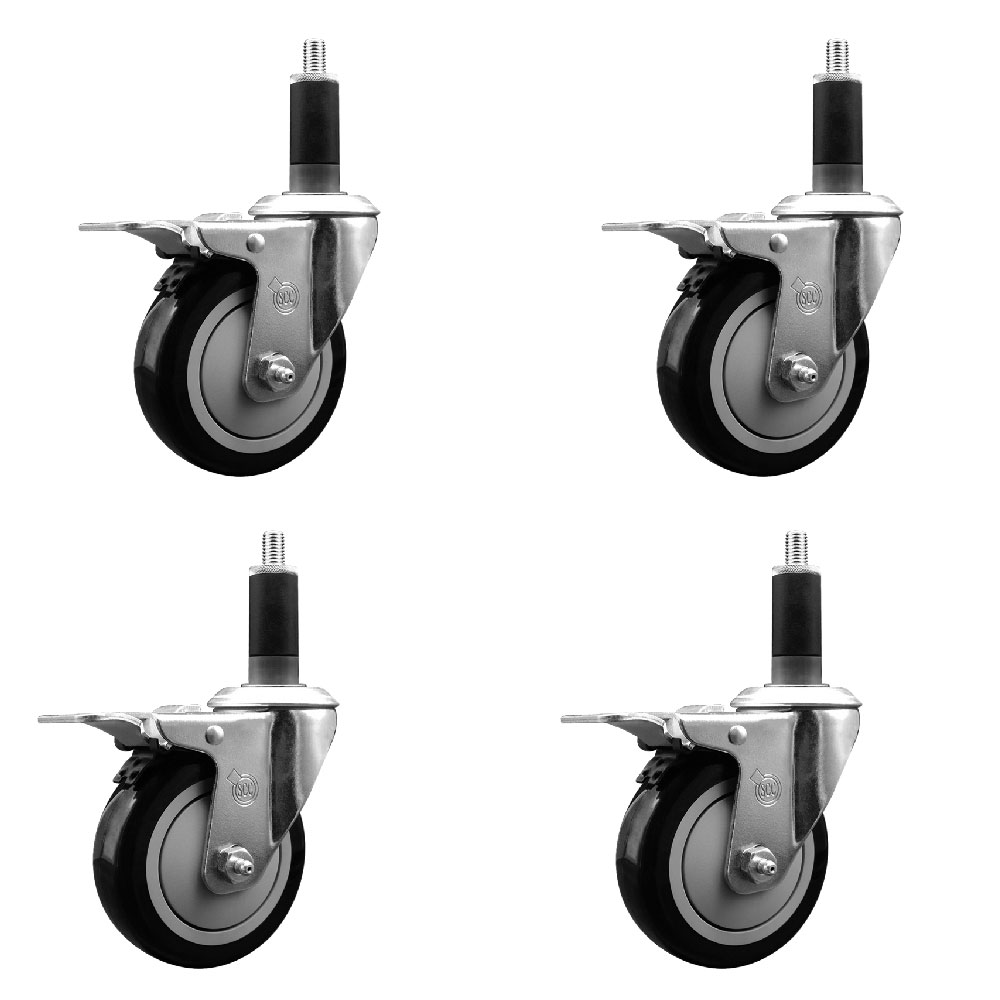 Polyurethane Swivel Expanding Stem Caster Set of 4 with 4 Inch Black Wheels and 1-1/8" Stems - Includes 4 Swivel with Total Locking Brakes - 350 lbs. Capacity Per Caster - Service Caster Brand — photo 1