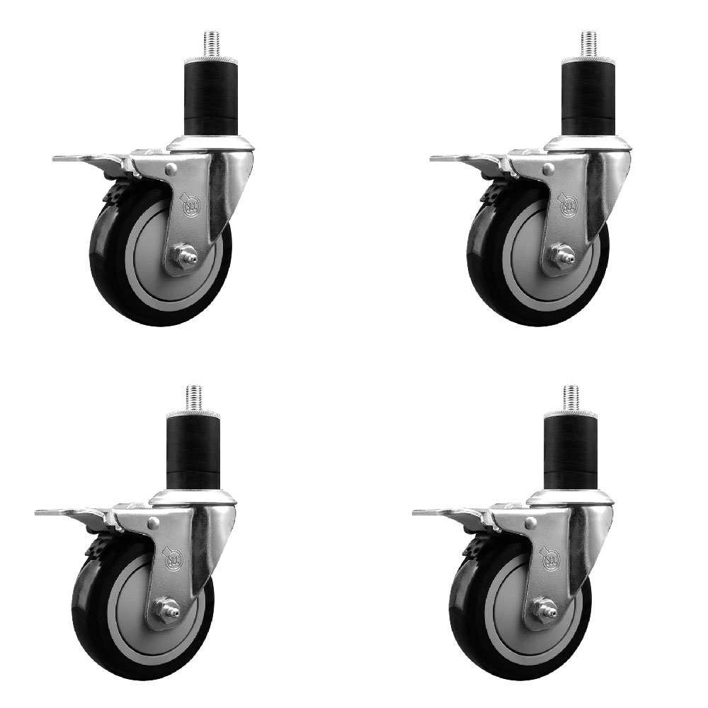 Polyurethane Swivel Expanding Stem Caster Set of 4 with 4 Inch Black Wheels and 1-3/4" Stems - Includes 4 Swivel with Total Locking Brakes - 350 lbs. Capacity Per Caster - Service Caster Brand — photo 1