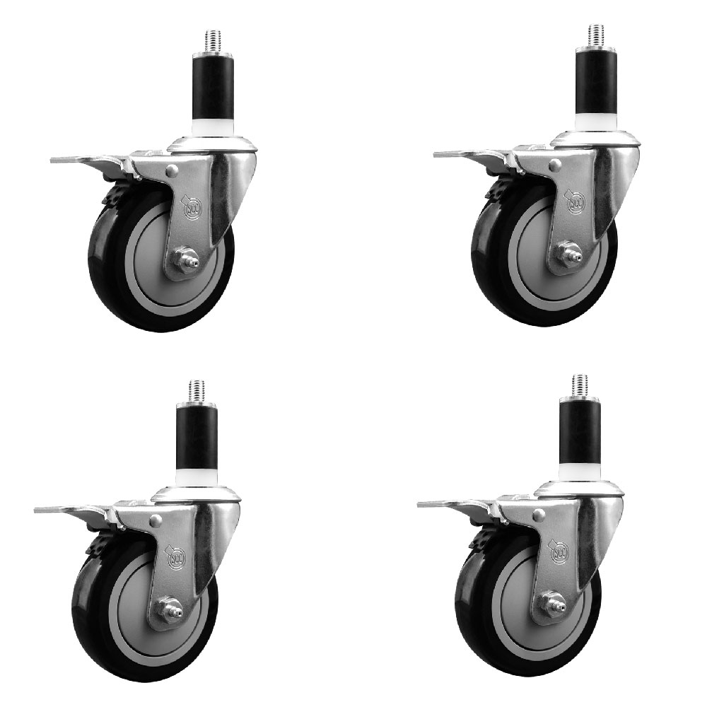Polyurethane Swivel Expanding Stem Caster Set of 4 with 4 Inch Black Wheels and 1-3/8" Stems - Includes 4 Swivel with Total Locking Brakes - 350 lbs. Capacity Per Caster - Service Caster Brand — photo 1