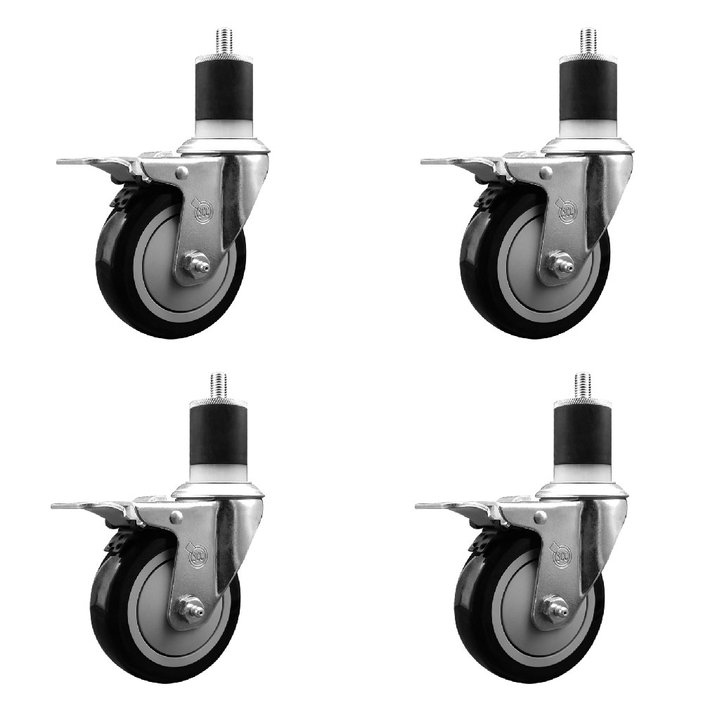 Polyurethane Swivel Expanding Stem Caster Set of 4 with 4 Inch Black Wheels and 1-7/8" Stems - Includes 4 Swivel with Total Locking Brakes - 350 lbs. Capacity Per Caster - Service Caster Brand — photo 1