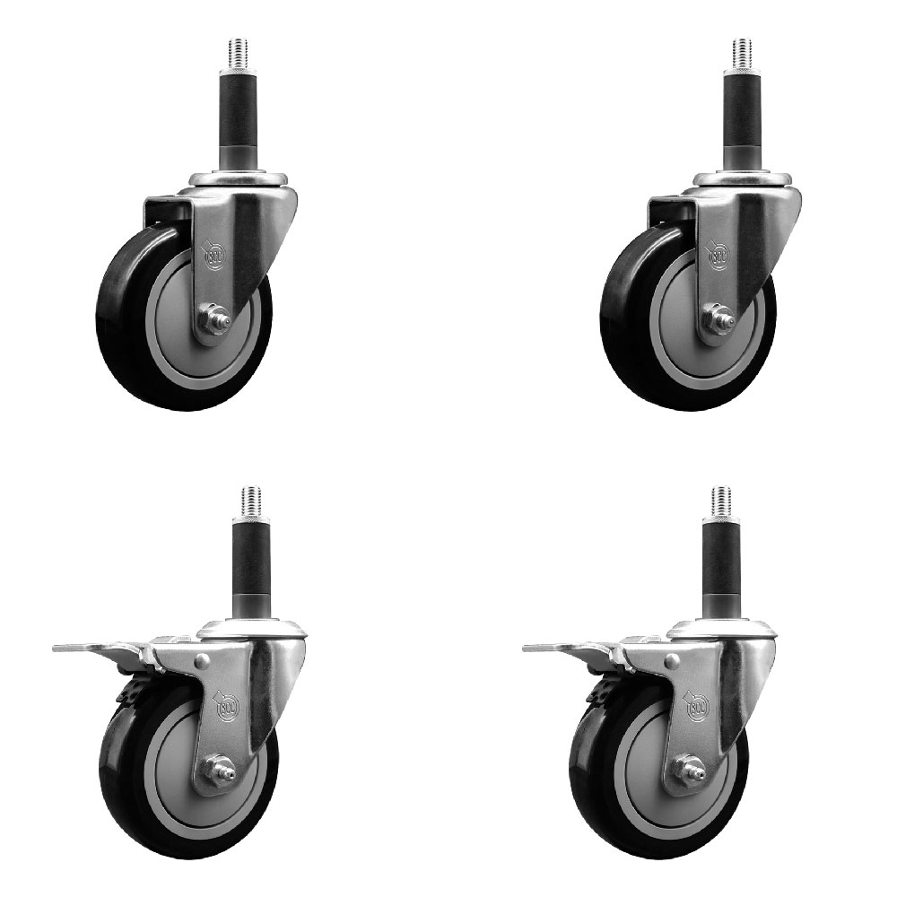 Polyurethane Swivel Expanding Stem Caster Set of 4 with 4 Inch Black Wheels and 1" Stems - Includes 2 with Total Locking Brakes - 1400 lbs Total Capacity - Service Caster Brand — photo 1