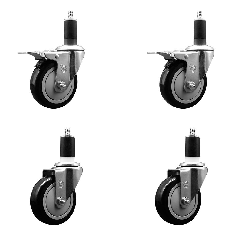 Stainless Steel Polyurethane Swivel Expanding Stem Caster Set of 4 with 4 Inch Black Wheels and 1-1/2" Stems - Includes 2 with Total Locking Brakes - 1400 lbs Total Capacity - Service Caster Brand — photo 1