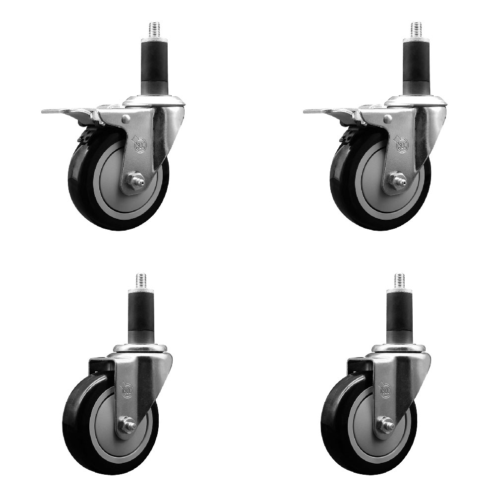 Polyurethane Swivel Expanding Stem Caster Set of 4 with 4 Inch Black Wheels and 1-1/4" Stems - Includes 2 with Total Locking Brakes - 1400 lbs Total Capacity - Service Caster Brand — photo 1