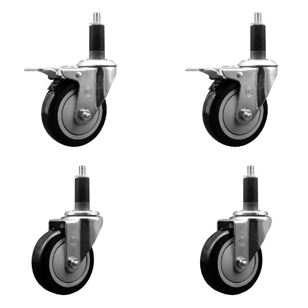 Polyurethane Swivel Expanding Stem Caster Set of 4 with 4 Inch Black Wheels and 1-1/8" Stems - Includes 2 with Total Locking Brakes - 1400 lbs Total Capacity - Service Caster Brand — photo 1