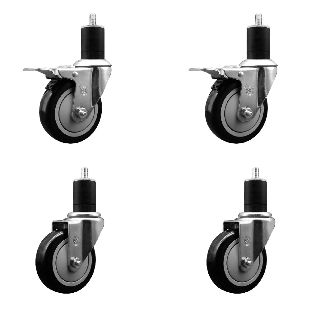 Polyurethane Swivel Expanding Stem Caster Set of 4 with 4 Inch Black Wheels and 1-3/4" Stems - Includes 2 with Total Locking Brakes - 1400 lbs Total Capacity - Service Caster Brand — photo 1
