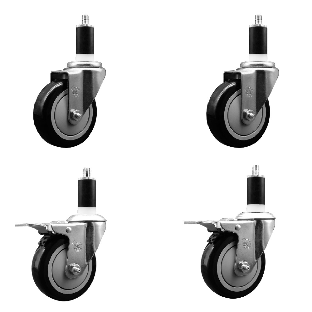 Polyurethane Swivel Expanding Stem Caster Set of 4 with 4 Inch Black Wheels and 1-3/8" Stems - Includes 2 with Total Locking Brakes - 1400 lbs Total Capacity - Service Caster Brand — photo 1