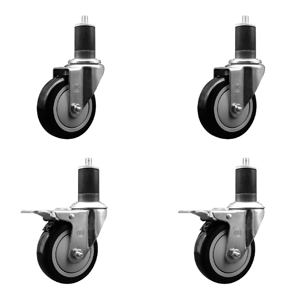 Polyurethane Swivel Expanding Stem Caster Set of 4 with 4 Inch Black Wheels and 1-5/8" Stems - Includes 2 with Total Locking Brakes - 1400 lbs Total Capacity - Service Caster Brand — photo 1