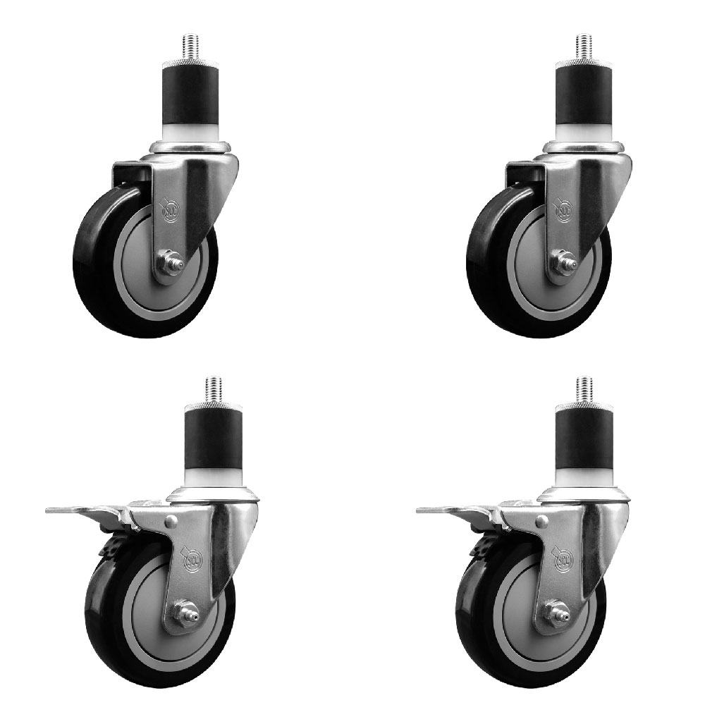 Polyurethane Swivel Expanding Stem Caster Set of 4 with 4 Inch Black Wheels and 1-7/8" Stems - Includes 2 with Total Locking Brakes - 1400 lbs Total Capacity - Service Caster Brand — photo 1
