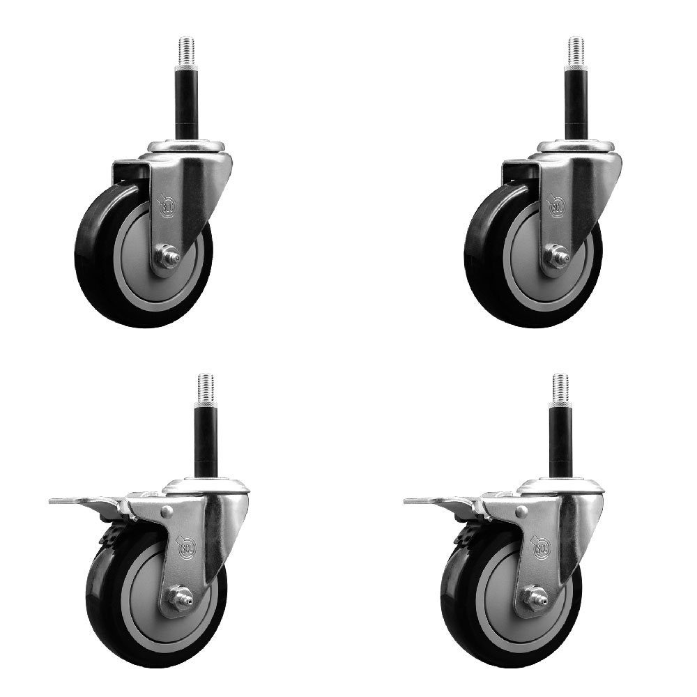 Polyurethane Swivel Expanding Stem Caster Set of 4 with 4 Inch Black Wheels and 3/4" Stems - Includes 2 with Total Locking Brakes - 1400 lbs Total Capacity - Service Caster Brand — photo 1