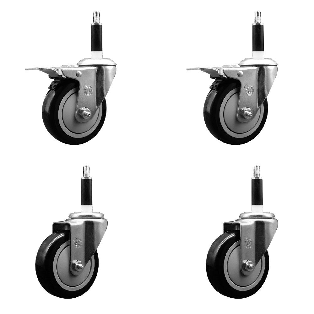 Polyurethane Swivel Expanding Stem Caster Set of 4 with 4 Inch Black Wheels and 7/8" Stems - Includes 2 with Total Locking Brakes - 1400 lbs Total Capacity - Service Caster Brand — photo 1