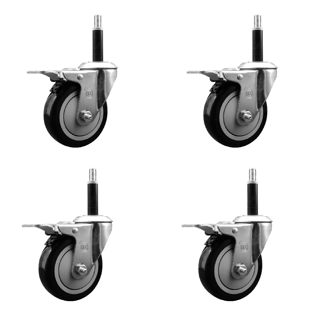 Polyurethane Swivel Expanding Stem Caster Set of 4 with 4 Inch Black Wheels and 3/4" Stems - Includes 4 Swivel with Total Locking Brakes - 350 lbs. Capacity Per Caster - Service Caster Brand — photo 1