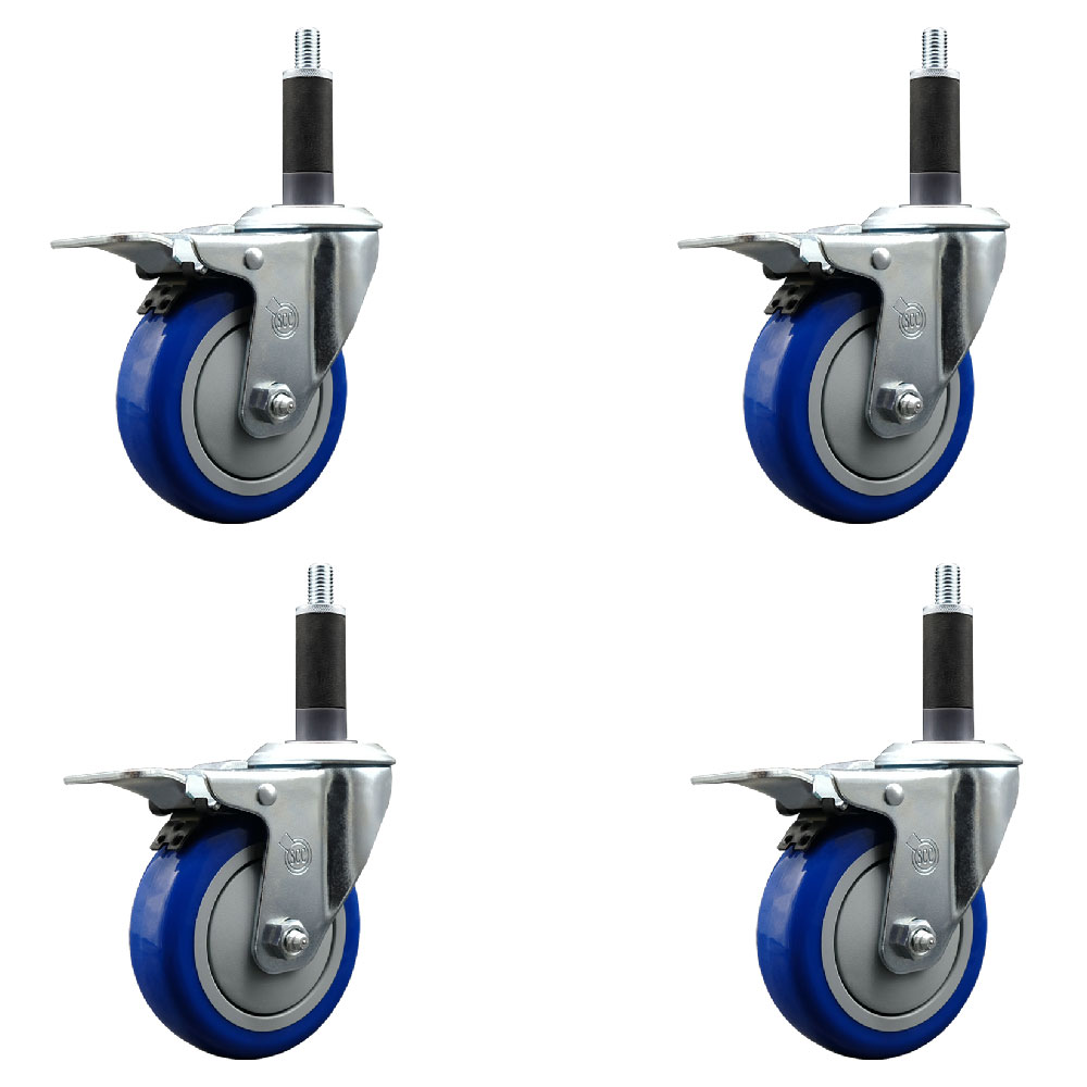 Stainless Steel Polyurethane Swivel Expanding Stem Caster Set of 4 with 4 Inch Blue Wheels and 1" Stems - 4 Swivel with Total Locking Brakes - 350 lbs. Capacity Per Caster - Service Caster Brand — photo 1