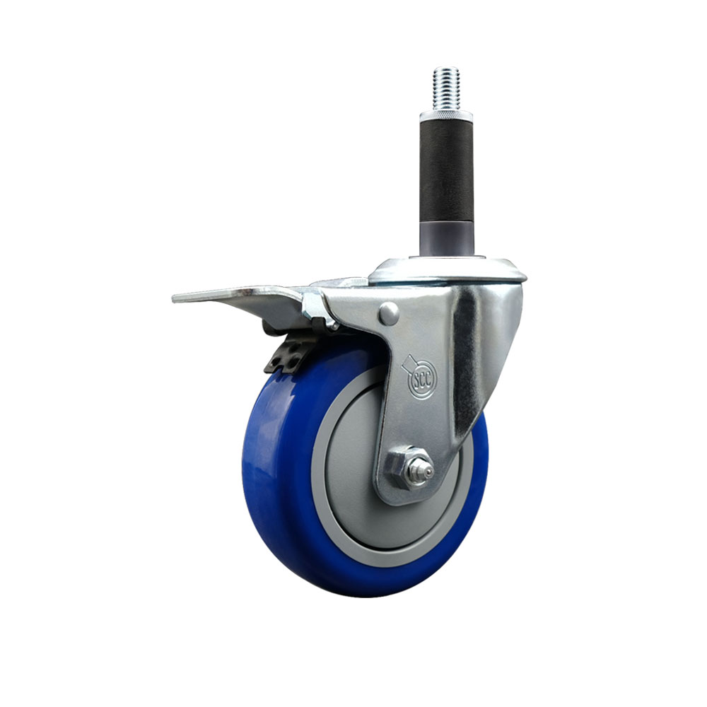 Stainless Steel Polyurethane Expanding Stem Swivel Caster with 4 Inch Blue Wheel and 1" Stem & Total Locking Brake - 350 lbs. Capacity Per Caster - Service Caster Brand — photo 1