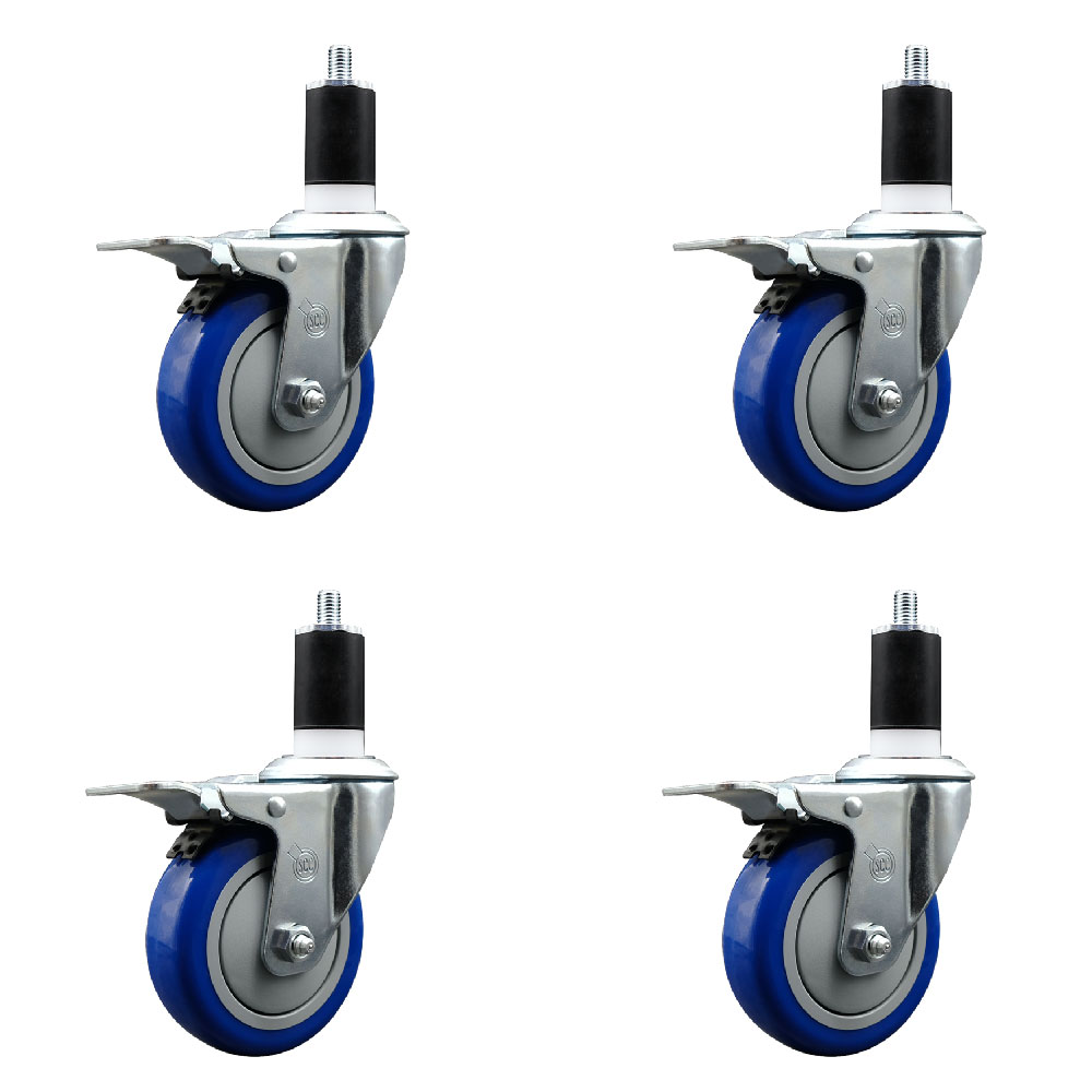Polyurethane Swivel Expanding Stem Caster Set of 4 with 4 Inch Blue Wheels and 1-1/2" Stems - Includes 4 Swivel with Total Locking Brakes - 350 lbs. Capacity Per Caster - Service Caster Brand — photo 1
