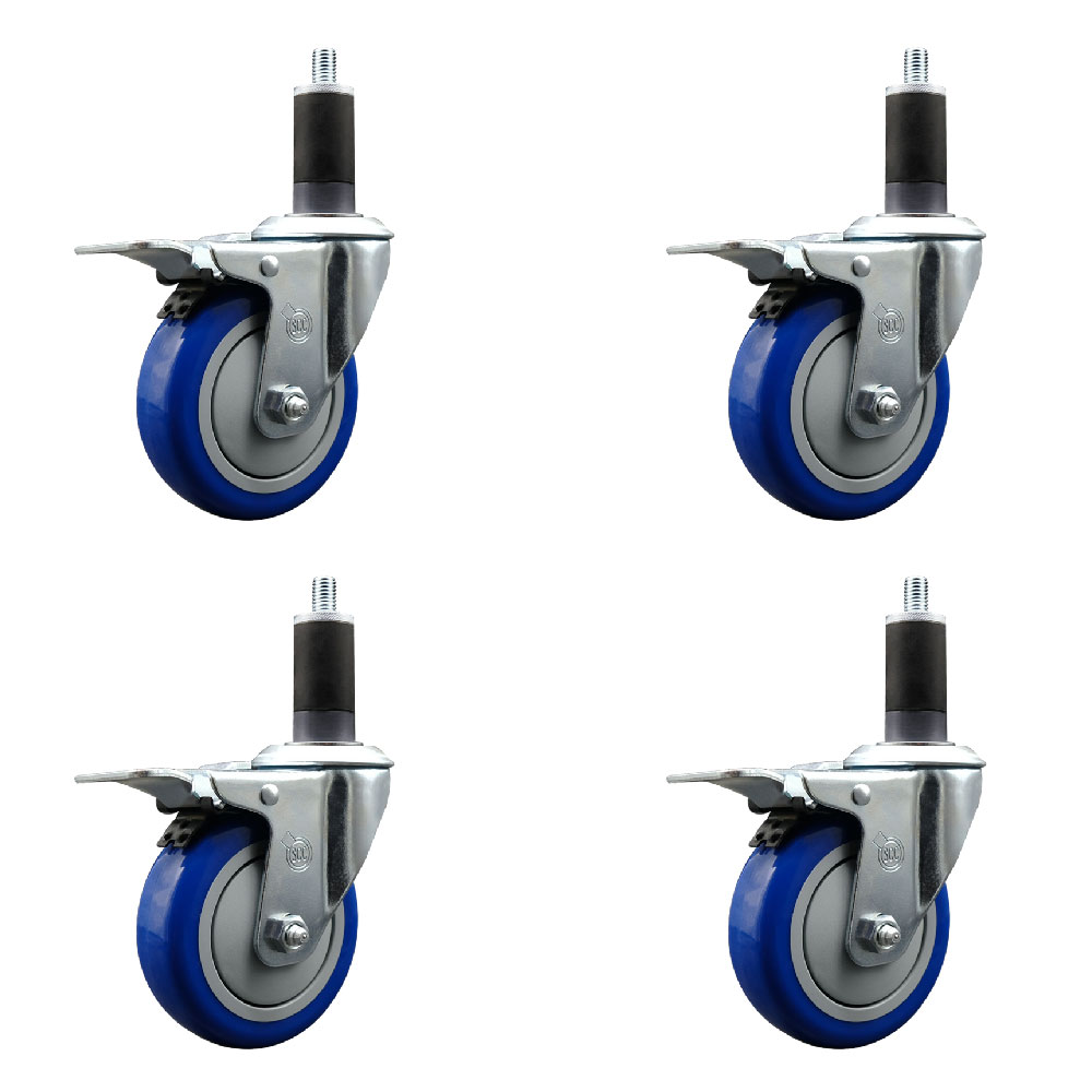Polyurethane Swivel Expanding Stem Caster Set of 4 with 4 Inch Blue Wheels and 1-1/4" Stems - Includes 4 Swivel with Total Locking Brakes - 350 lbs. Capacity Per Caster - Service Caster Brand — photo 1