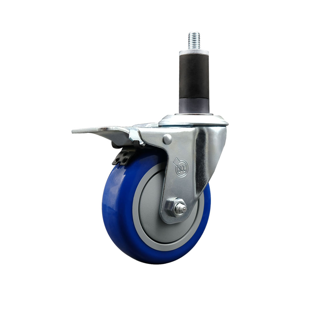 Stainless Steel Polyurethane Expanding Stem Swivel Caster with 4 Inch Blue Wheel and 1-1/4" Stem & Total Locking Brake - 350 lbs. Capacity Per Caster - Service Caster Brand — photo 1