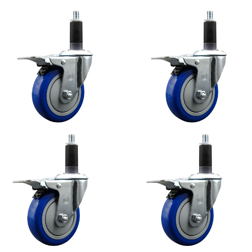 Stainless Steel Polyurethane Swivel Expanding Stem Caster Set of 4 with 4 Inch Blue Wheels and 1-1/8" Stems - 4 Swivel with Total Locking Brakes - 350 lbs. Capacity Per Caster - Service Caster Brand — photo 1