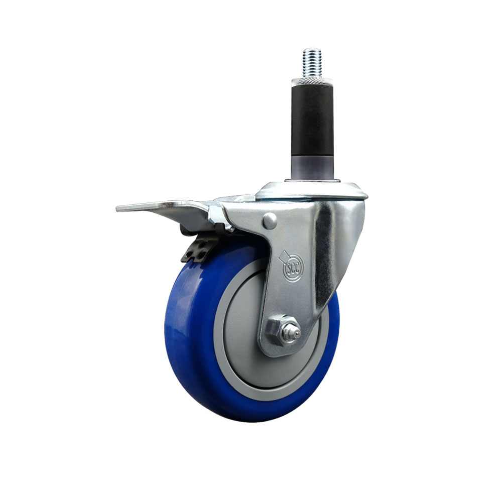 Stainless Steel Polyurethane Expanding Stem Swivel Caster with 4 Inch Blue Wheel and 1-1/8" Stem & Total Locking Brake - 350 lbs. Capacity Per Caster - Service Caster Brand — photo 1