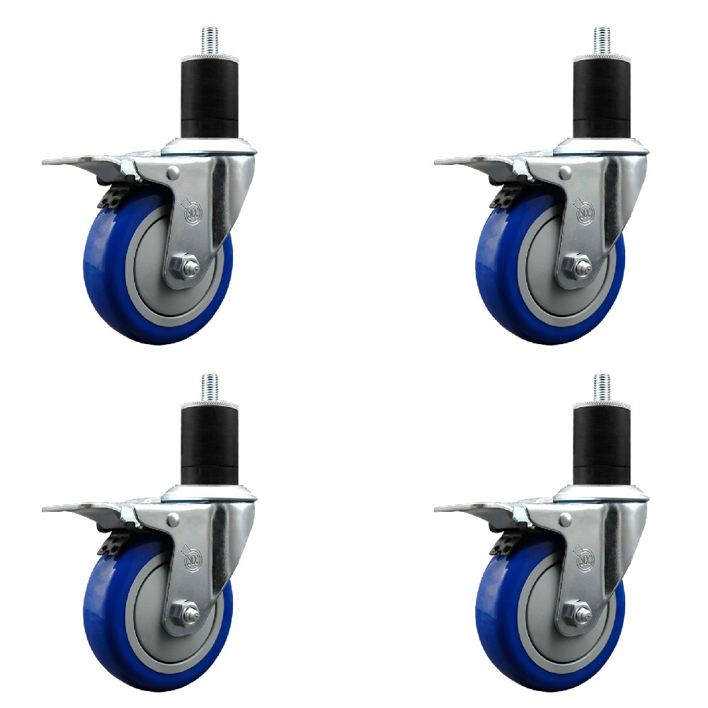 Stainless Steel Polyurethane Swivel Expanding Stem Caster Set of 4 with 4 Inch Blue Wheels and 1-3/4" Stems - 4 Swivel with Total Locking Brakes - 350 lbs. Capacity Per Caster - Service Caster Brand — photo 1