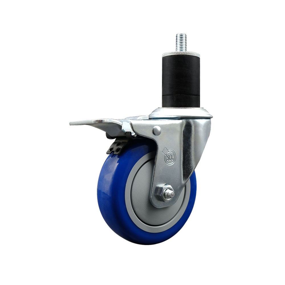 Polyurethane Expanding Stem Swivel Caster with 4 Inch Blue Wheel and 1-3/4" Stem & Total Locking Brake - 350 lbs. Capacity Per Caster - Service Caster Brand — photo 1