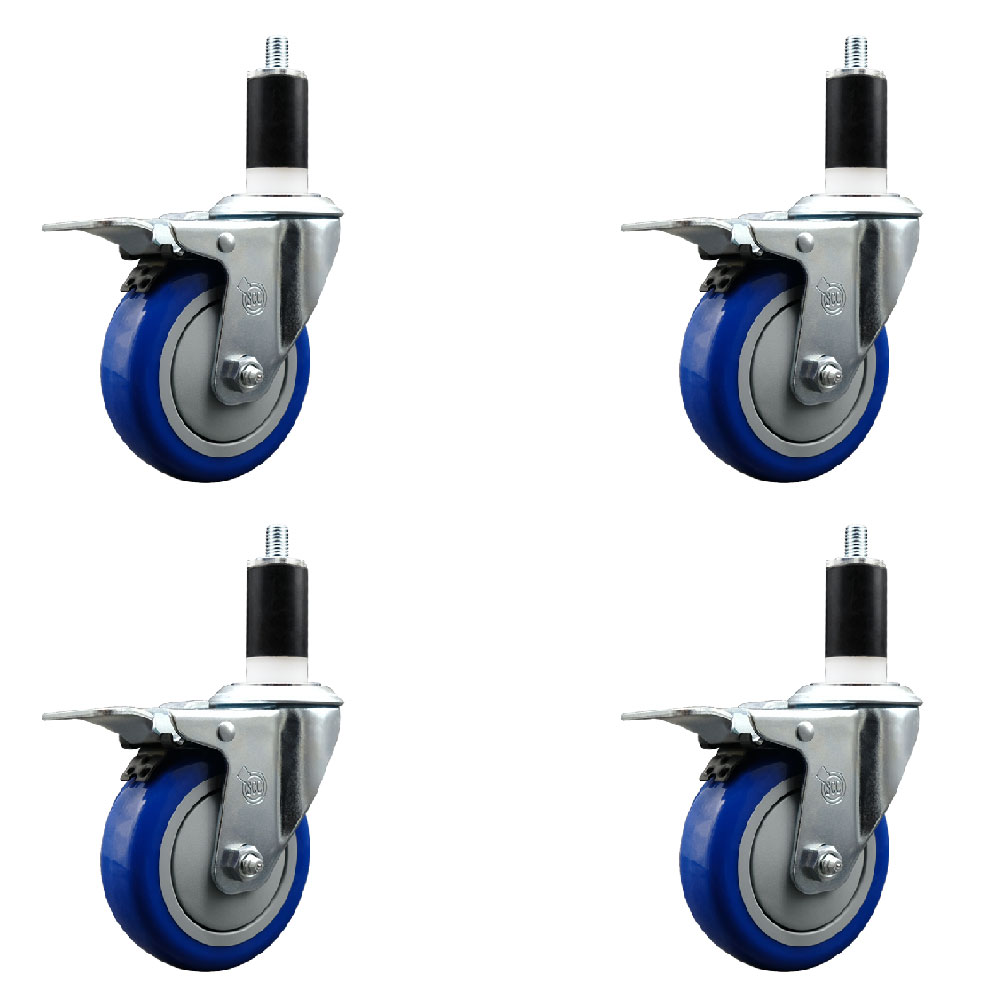 Stainless Steel Polyurethane Swivel Expanding Stem Caster Set of 4 with 4 Inch Blue Wheels and 1-3/8" Stems - 4 Swivel with Total Locking Brakes - 350 lbs. Capacity Per Caster - Service Caster Brand — photo 1