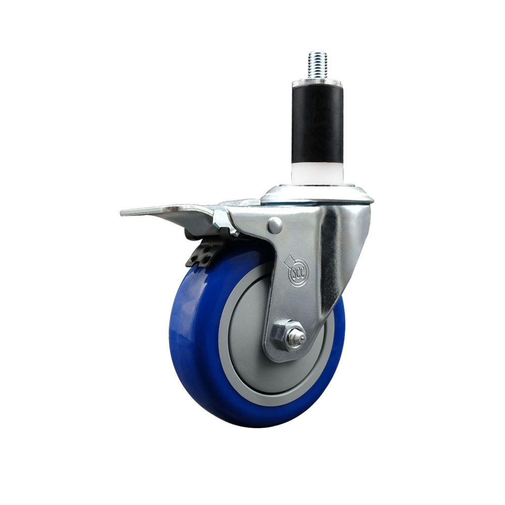 Polyurethane Expanding Stem Swivel Caster with 4 Inch Blue Wheel and 1-3/8" Stem & Total Locking Brake - 350 lbs. Capacity Per Caster - Service Caster Brand — photo 1