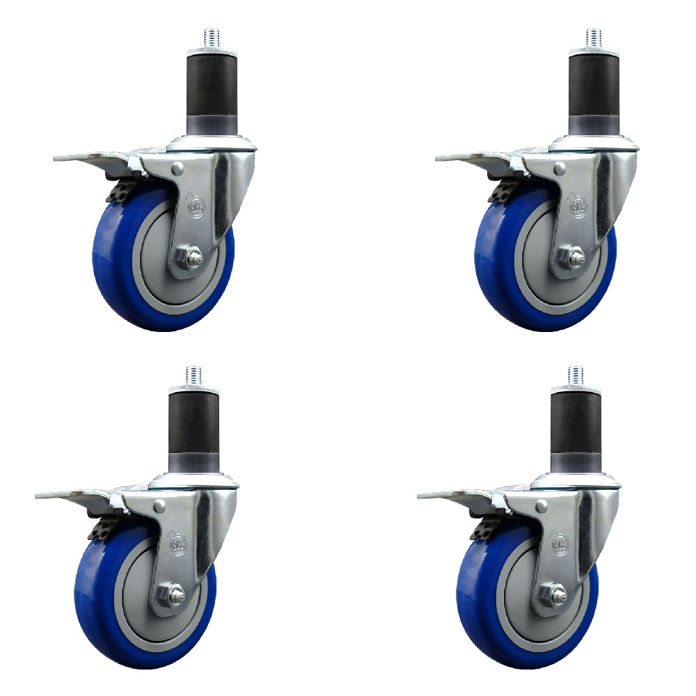 Stainless Steel Polyurethane Swivel Expanding Stem Caster Set of 4 with 4 Inch Blue Wheels and 1-5/8" Stems - 4 Swivel with Total Locking Brakes - 350 lbs. Capacity Per Caster - Service Caster Brand — photo 1
