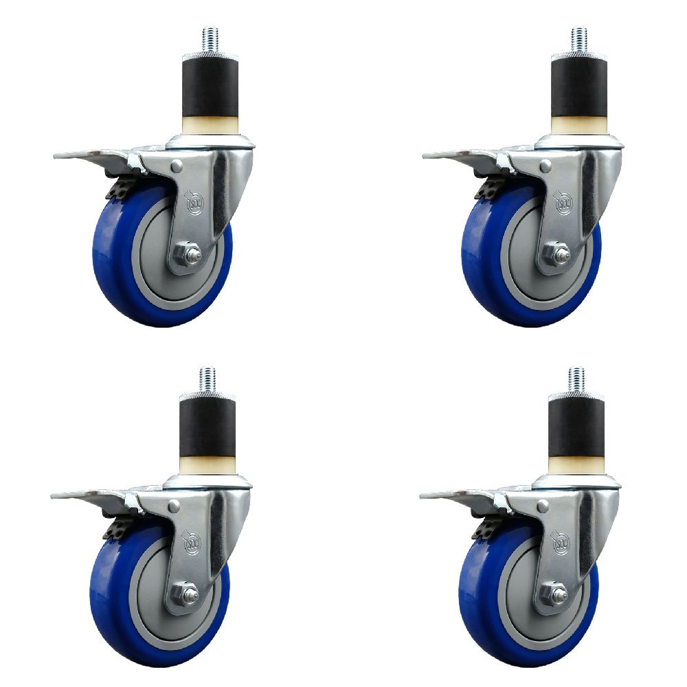 Polyurethane Swivel Expanding Stem Caster Set of 4 with 4 Inch Blue Wheels and 1-7/8" Stems - Includes 4 Swivel with Total Locking Brakes - 350 lbs. Capacity Per Caster - Service Caster Brand — photo 1