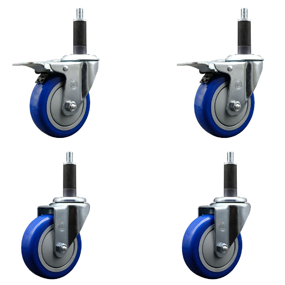 Stainless Steel Polyurethane Swivel Expanding Stem Caster Set of 4 with 4 Inch Blue Wheels and 1" Stems - Includes 2 with Total Locking Brakes - 1400 lbs Total Capacity - Service Caster Brand — photo 1