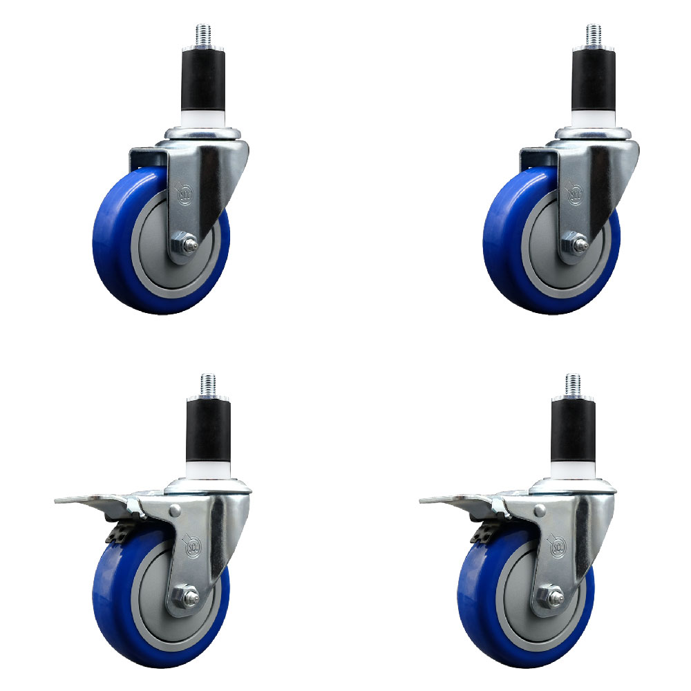 Stainless Steel Polyurethane Swivel Expanding Stem Caster Set of 4 with 4 Inch Blue Wheels and 1-1/2" Stems - Includes 2 with Total Locking Brakes - 1400 lbs Total Capacity - Service Caster Brand — photo 1