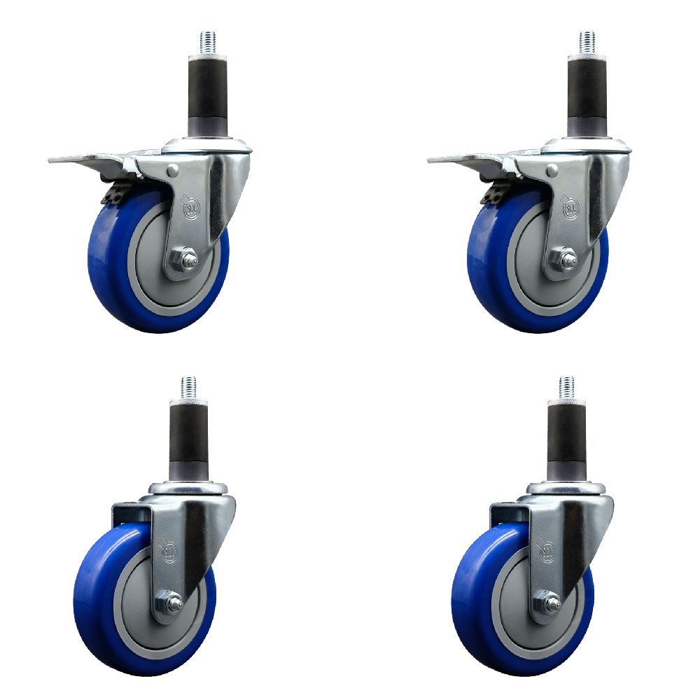 Polyurethane Swivel Expanding Stem Caster Set of 4 with 4 Inch Blue Wheels and 1-1/4" Stems - Includes 2 with Total Locking Brakes - 1400 lbs Total Capacity - Service Caster Brand — photo 1