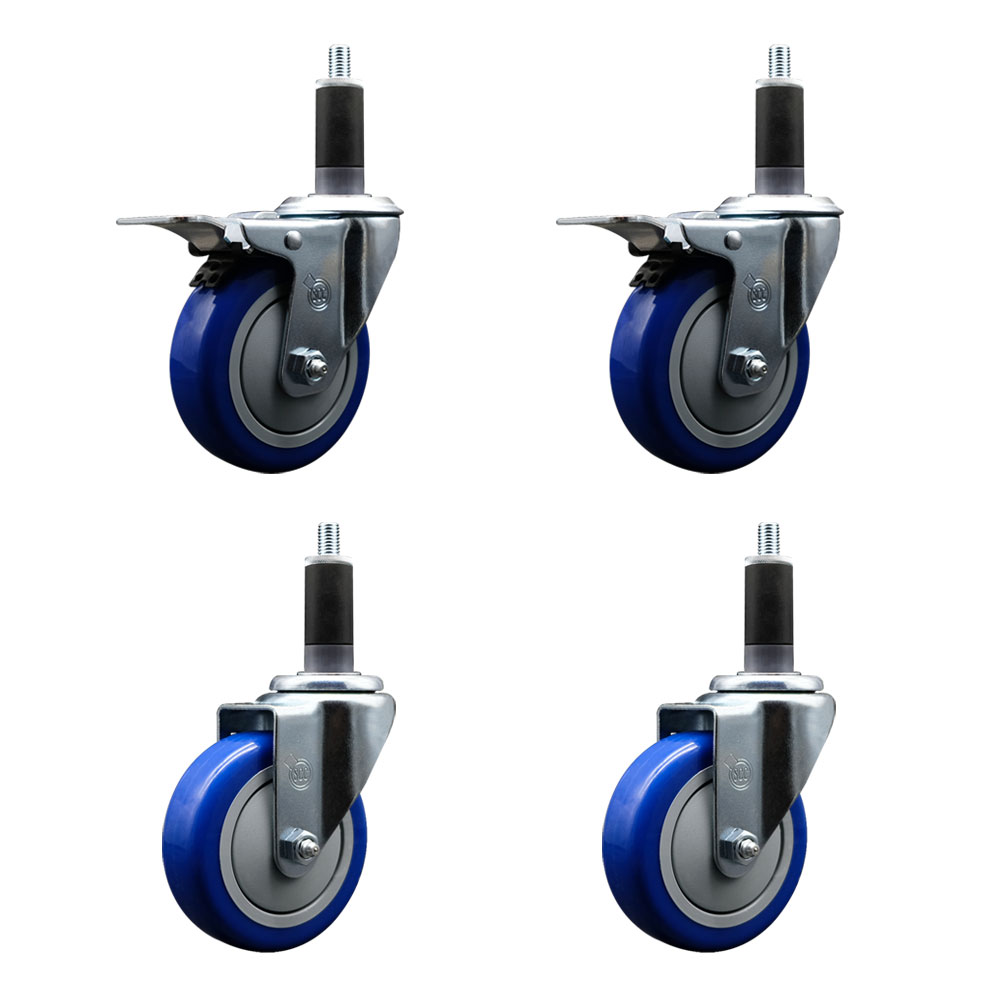 Polyurethane Swivel Expanding Stem Caster Set of 4 with 4 Inch Blue Wheels and 1-1/8" Stems - Includes 2 with Total Locking Brakes - 1400 lbs Total Capacity - Service Caster Brand — photo 1