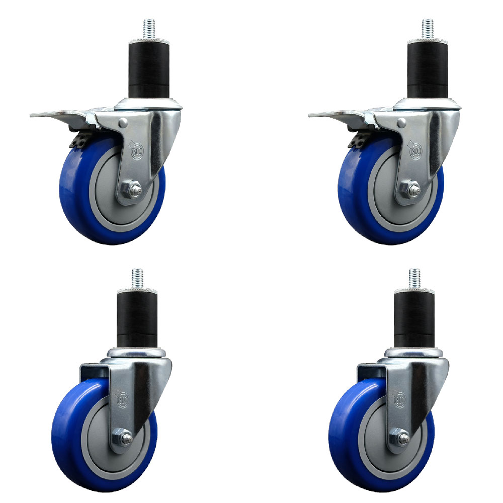 Stainless Steel Polyurethane Swivel Expanding Stem Caster Set of 4 with 4 Inch Blue Wheels and 1-3/4" Stems - Includes 2 with Total Locking Brakes - 1400 lbs Total Capacity - Service Caster Brand — photo 1