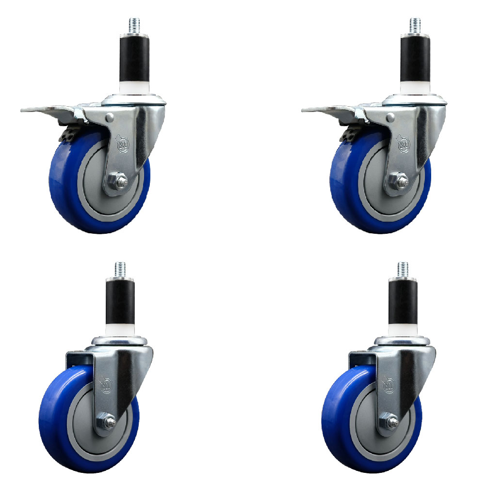 Polyurethane Swivel Expanding Stem Caster Set of 4 with 4 Inch Blue Wheels and 1-3/8" Stems - Includes 2 with Total Locking Brakes - 1400 lbs Total Capacity - Service Caster Brand — photo 1