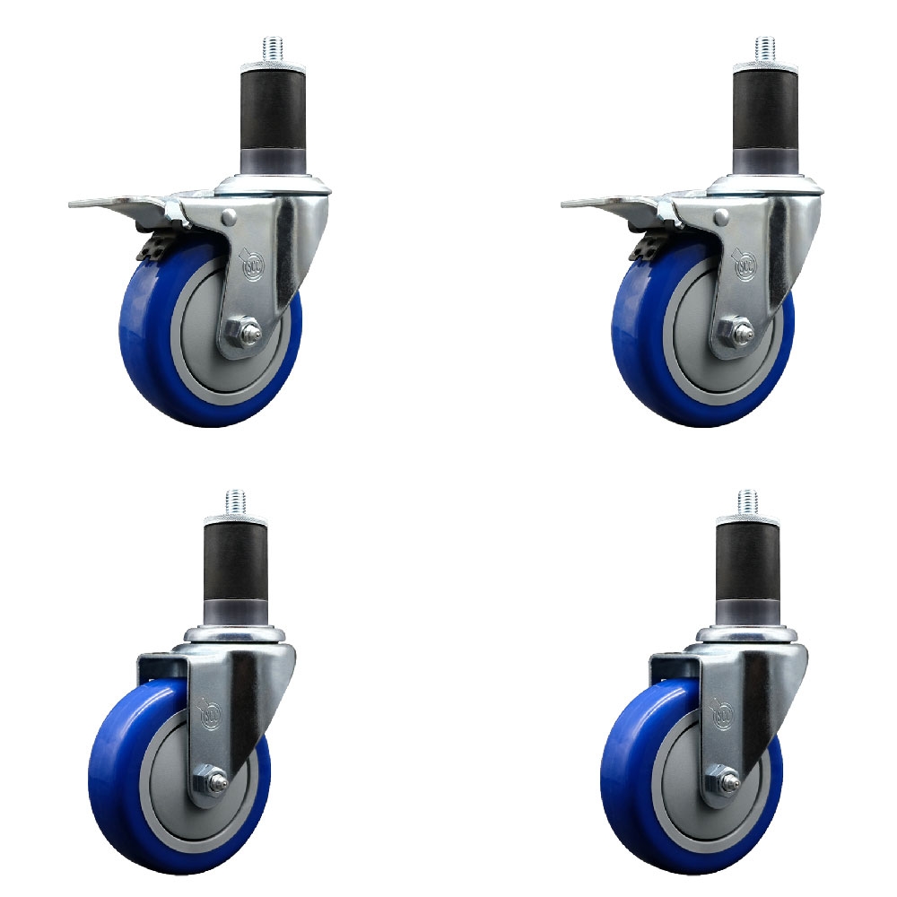 Stainless Steel Polyurethane Swivel Expanding Stem Caster Set of 4 with 4 Inch Blue Wheels and 1-5/8" Stems - Includes 2 with Total Locking Brakes - 1400 lbs Total Capacity - Service Caster Brand — photo 1