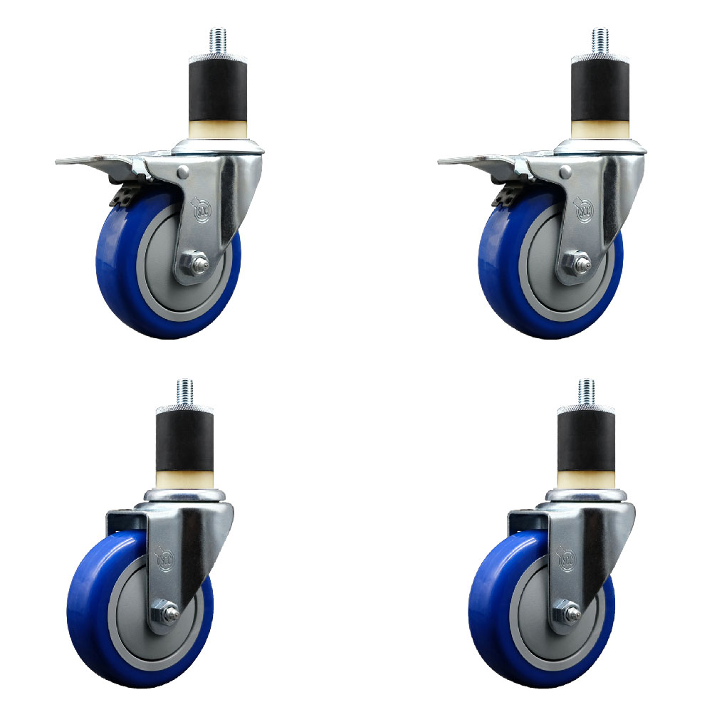 Stainless Steel Polyurethane Swivel Expanding Stem Caster Set of 4 with 4 Inch Blue Wheels and 1-7/8" Stems - Includes 2 with Total Locking Brakes - 1400 lbs Total Capacity - Service Caster Brand — photo 1