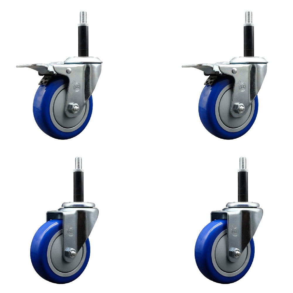 Stainless Steel Polyurethane Swivel Expanding Stem Caster Set of 4 with 4 Inch Blue Wheels and 3/4" Stems - Includes 2 with Total Locking Brakes - 1400 lbs Total Capacity - Service Caster Brand — photo 1