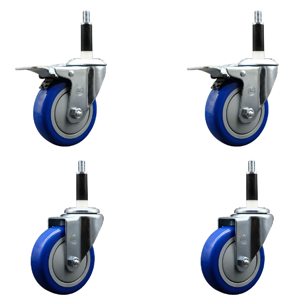 Stainless Steel Polyurethane Swivel Expanding Stem Caster Set of 4 with 4 Inch Blue Wheels and 7/8" Stems - Includes 2 with Total Locking Brakes - 1400 lbs Total Capacity - Service Caster Brand — photo 1