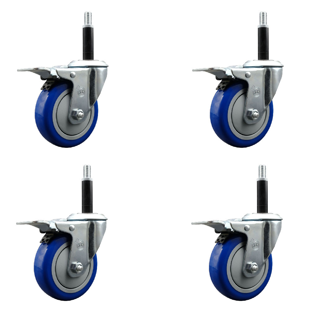 Stainless Steel Polyurethane Swivel Expanding Stem Caster Set of 4 with 4 Inch Blue Wheels and 3/4" Stems - 4 Swivel with Total Locking Brakes - 350 lbs. Capacity Per Caster - Service Caster Brand — photo 1