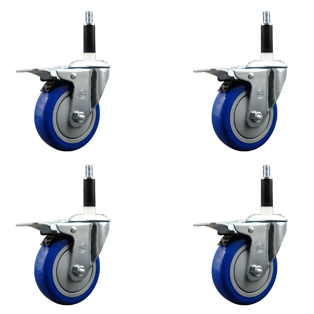Polyurethane Swivel Expanding Stem Caster Set of 4 with 4 Inch Blue Wheels and 7/8" Stems - Includes 4 Swivel with Total Locking Brakes - 350 lbs. Capacity Per Caster - Service Caster Brand — photo 1