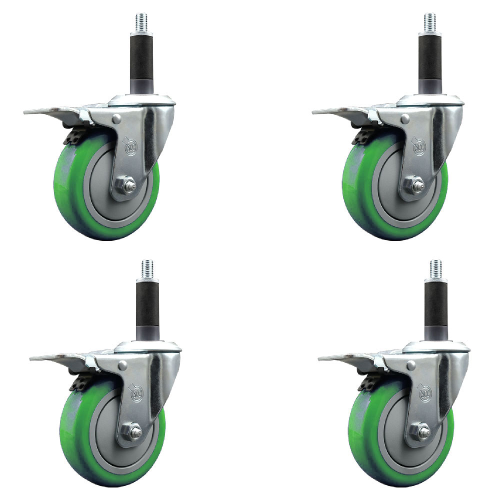 Polyurethane Swivel Expanding Stem Caster Set of 4 with 4 Inch Green Wheels and 1" Stems - Includes 4 Swivel with Total Locking Brakes - 350 lbs. Capacity Per Caster - Service Caster Brand — photo 1